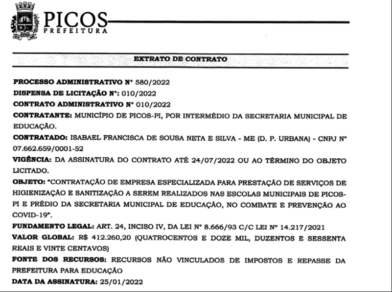 Contrato assinado pelo prefeito de Picos.