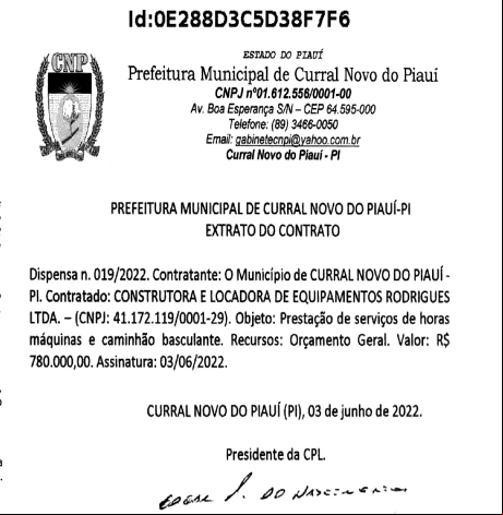 Contrato firmado pelo prefeito de Curral Novo do Piauí, Júnior de Abel