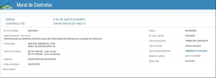 Valor do contrato cadastrado no TCE.